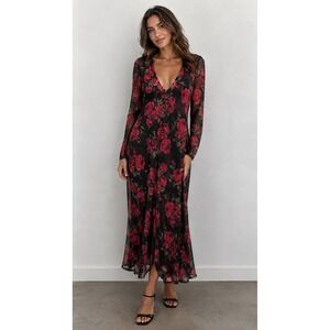 Audrey Lane Dress Womens Medium Black Red Rose Floral Sheer Mesh VNeck Maxi Long